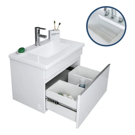 Vanitory Colgante Flotante 63cm Con Bacha Blanco Laqueado Bernova 1 Moderno Mueble Baño Con Cajon Para Monocomando