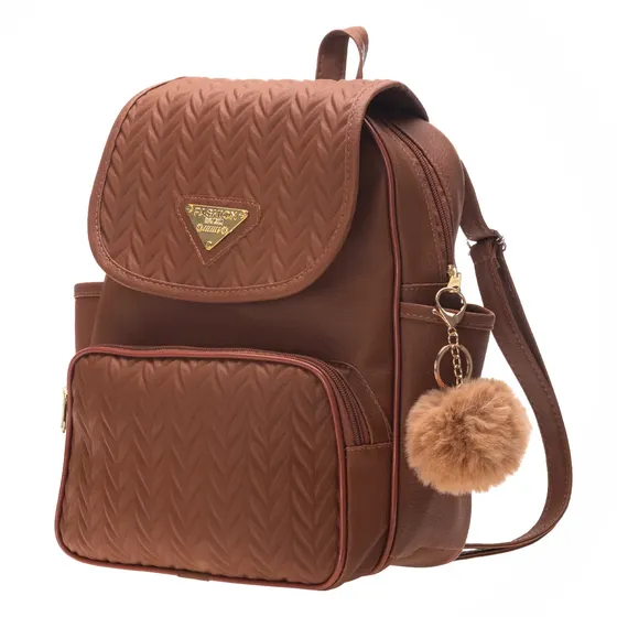 Mochila Feminina Bolsa Escolar Reforçada Trabalho C/ Pompom Marrom Estampado