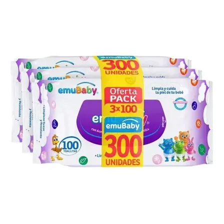 Toallitas Húmedas EmuBaby Pack 3x100 Unidades Hipoalergénicas Sin Alcohol