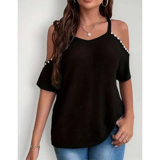 Blusa Mujer Manga Corta Abierta Informal Perlas Talle Especi