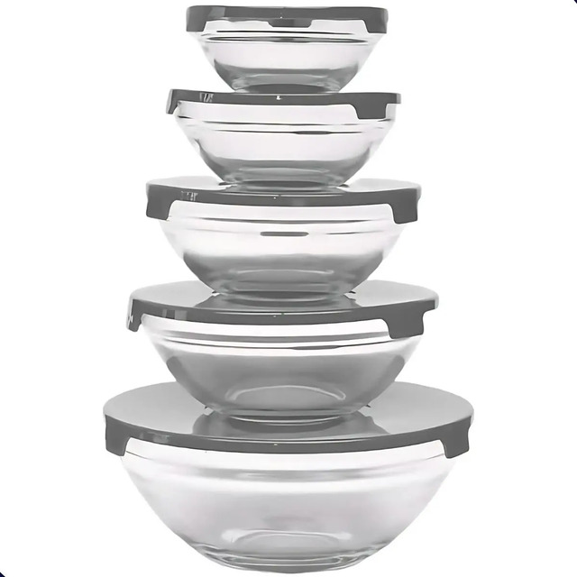 Conjunto 5 Potes Tigelas Vasilhas Bowls Em Vidro Com Tampa
