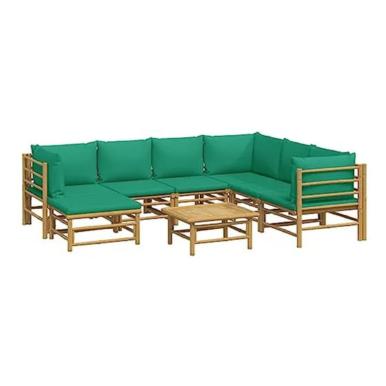 Set De Sala De Patio De 8 Piezas Con Cojines Verdes De Bambú