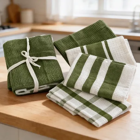 Kit 4 Panos De Prato Copa Atoalhado Algodão 60x40cm- Verde Verde E Branco Listras