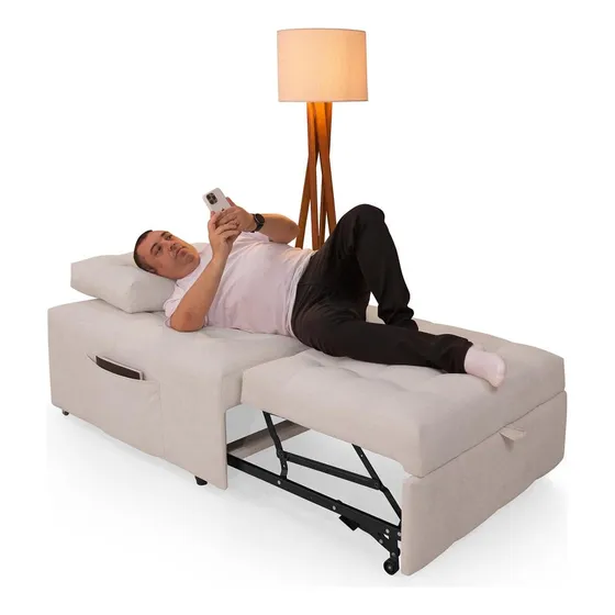 Sofá Puff Cama Solteiro Retrátil Estofado Bouclê Compacto
