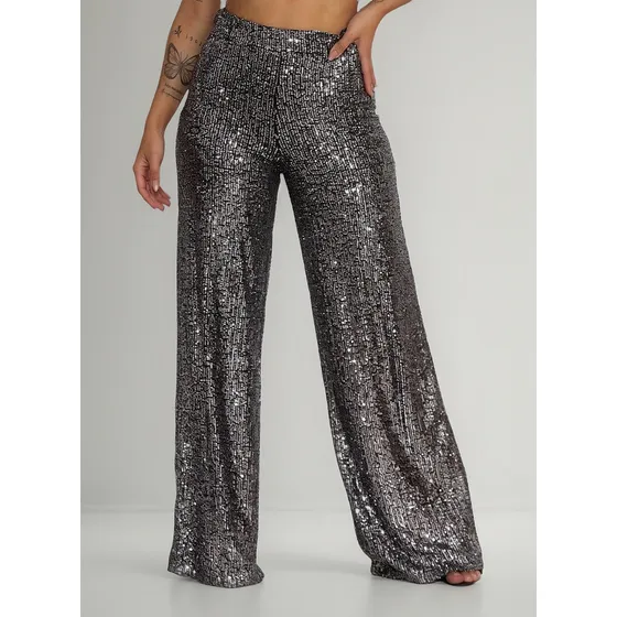 Calça Pantalona Paetê Com Forro Cintura Alta Elegante Estilo