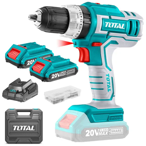Taladro Percutor Y Atornillador Inalámbrico Total 20v, Industrial Mandril 13mm 55NM Con 2 Baterías 2.0Ah Litio-Ion Cargador Maletín Plástico Mechas Y Puntas TIDLI20031