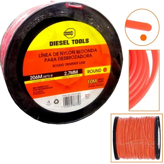 Rollo 206mt Linea De Nylon 2.7mm Redonda Para Desmalezadora 
