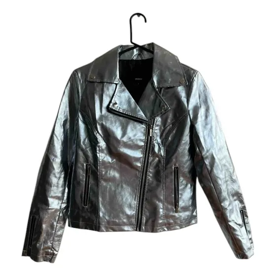 Nueva Divina Chaqueta Chamarra Metalizada Plateada Azulada Studio F