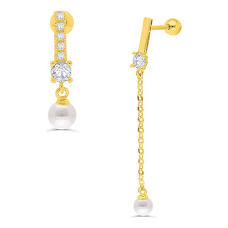 Aretes Dispar De Oro Y Zirconias Con Perla Colgante Aretes Dispar De Oro Y Zirconias Con Perla Colgante
