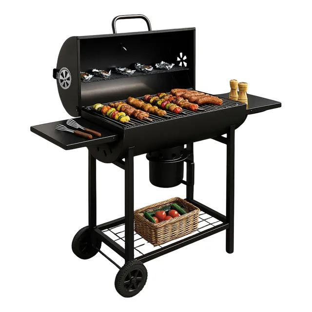 Asador Carne Parrilla Carbon Bbq Movil Termometro Cenicero Color Negro