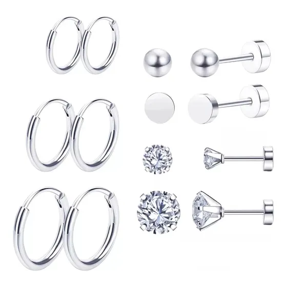 14pc Aretes Mujer Joyería Plata Broquel Acero Inoxidable