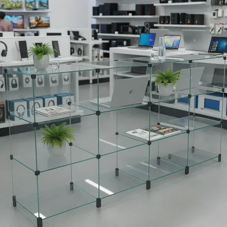 Balcao Para Comercio Loja Vitrine Vidro Temperado Expositor Detalhes Preto