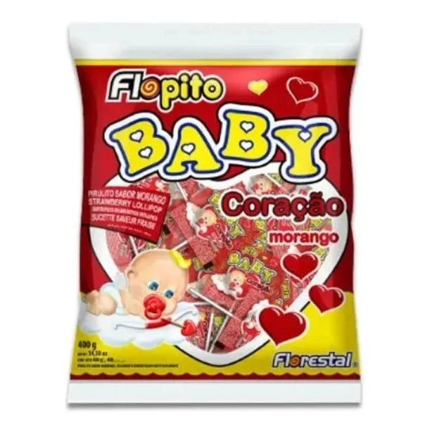 Pirulito Flopito Baby Coração Morango 200g C/50 Unidades