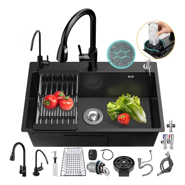 Tarja Acero Inoxidable Foowei Fregadero Con Grifo 60x45 Color Negro