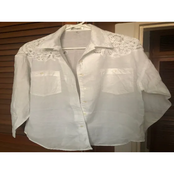 Blusa Para Damas, Lino, Encaje En Los Hombros