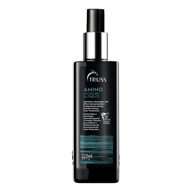 Frasco do Protetor Térmico Truss Amino 225ml de cor preta com detalhes em azul turquesa e tampa spray