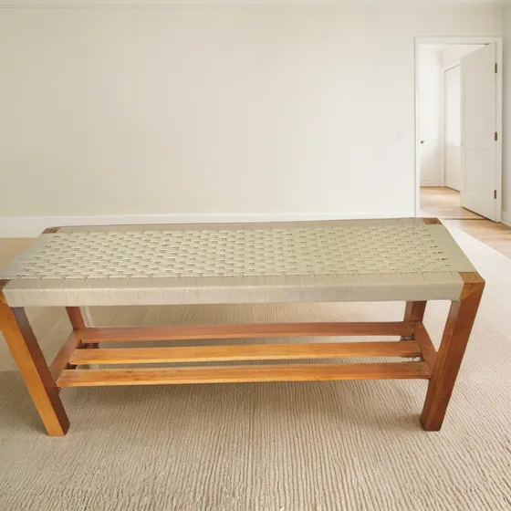 Banco De Madera Pie De Cama Dormitorio Encordado Artesanal Laqueado Beige