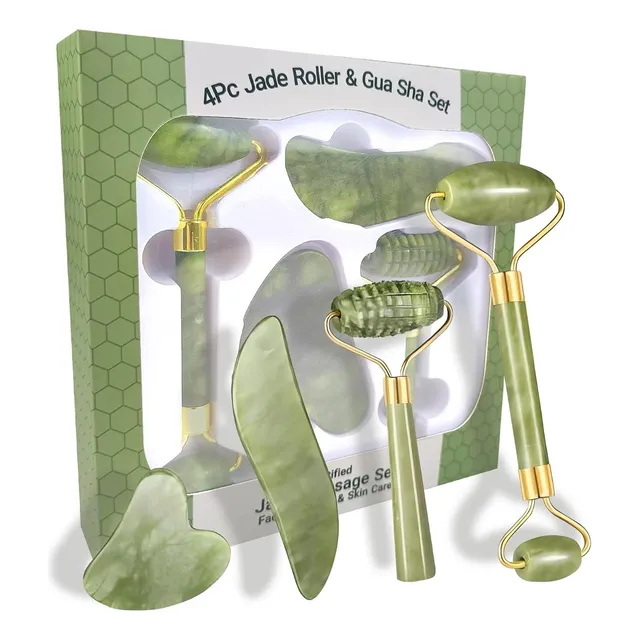 Juego De 4 Piezas De Rodillo De Jade Y Gua Sha Masajeador