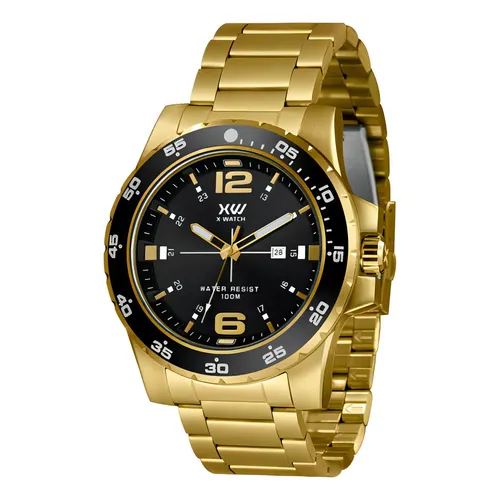 Relógio X-watch Masculino Analógico Dual Time Dourado 100m