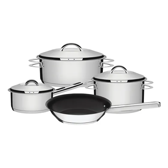 Juego De Cocina Acero Inox Triple Fondo 4 Pzs Olla Sarten Cacerolas Tramontina 65500120 Color Plateado
