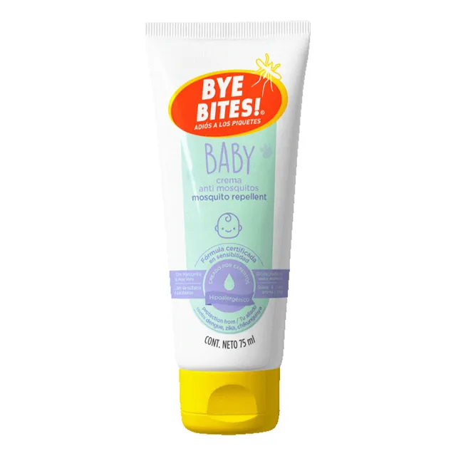 Bye Bites Baby Crema Repelente de Mosquitos e Insectos 75 mL, Hipoalergénica para Piel Sensible, Aroma a Manzanilla