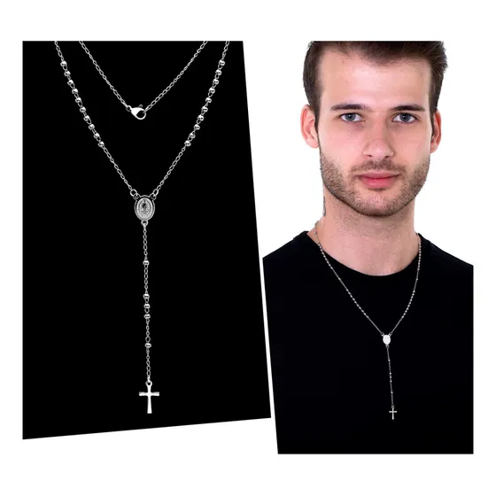 Corrente Cordão Ogrife Terço Cruz Masculino J-04 Aço Inox Cor P / 50cm