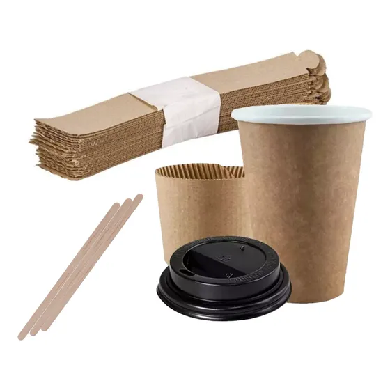 100 | Vaso Polipapel Kraft 8oz Con Tapa, Collarin Y Agitador
