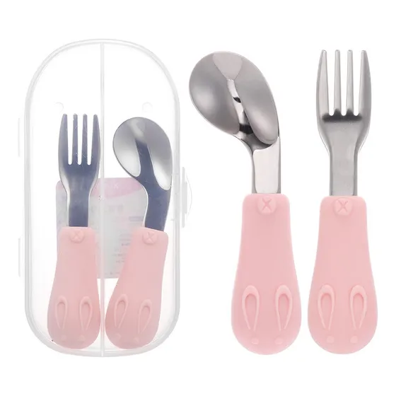 Set De Cubiertos Niño Niña Bebe Cuchara Tenedor Con Estuche Color Rosa