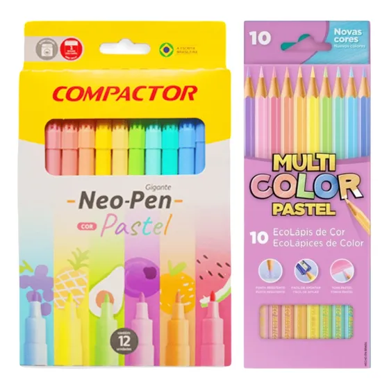 Kit Tom Pastel, 10 Lápis De Cor Multicolor + 12 Canetinhas