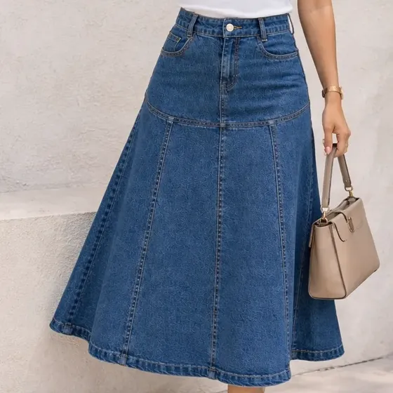 Saia Feminina Longa Jeans Midi Godê Rodada Moda Evangélica