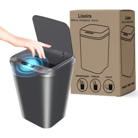 Lixeira Inteligente Sensor Automático 16l Cor Cinza Recarregável Smart Banheiro E Cozinha Moderna