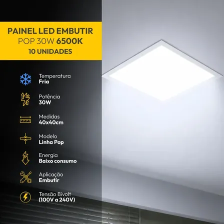 Kit 10 Painel Led Plafon 6500k Emb 30W 40x40 Quadrado Alut