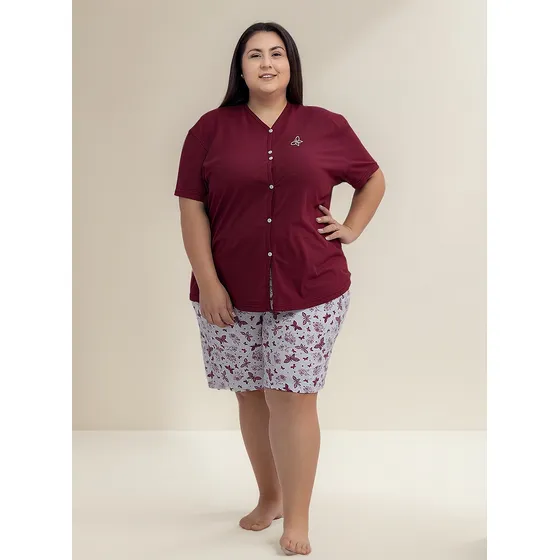 Pijama Feminino Plus Size Aberto Com Botão Na Frente Algodão