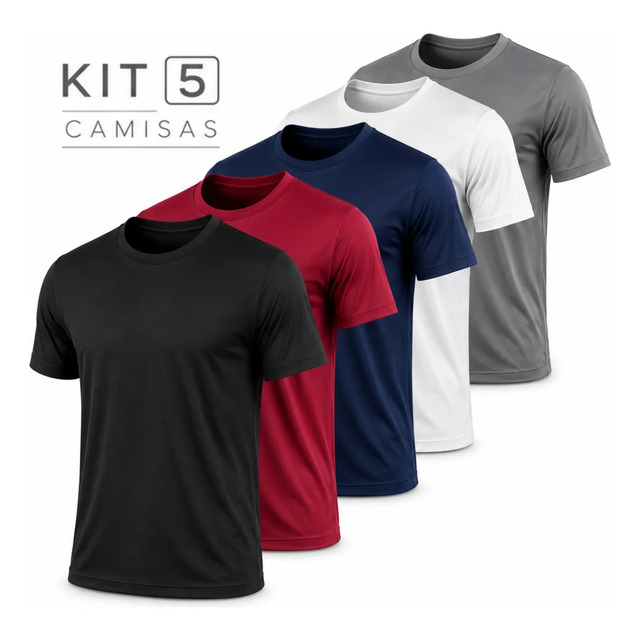 Kit com 5 camisetas masculinas básicas em tecido Dry Fit, nas cores preta, vinho, azul marinho, branca e cinza, dispostas em cascata.