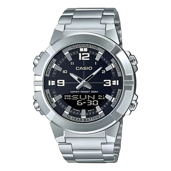 Reloj Casio Illuminator World Time +30 Memo AMW-870D-1avdf, color de la correa: plata, color del bisel, color plateado, color de fondo negro