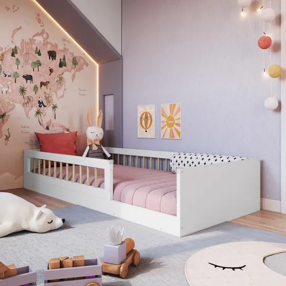 Cama Infantil De Chão Montessoriana Solteiro Grade Proteção Cor Branco