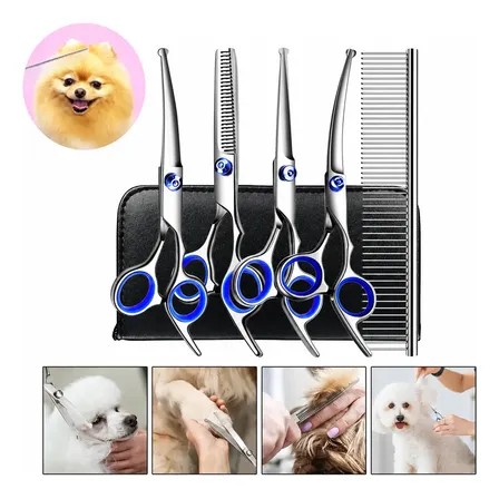 Kit 5 Tesoura Pet Cão Reta E Curva Petshop Tosa Profissional