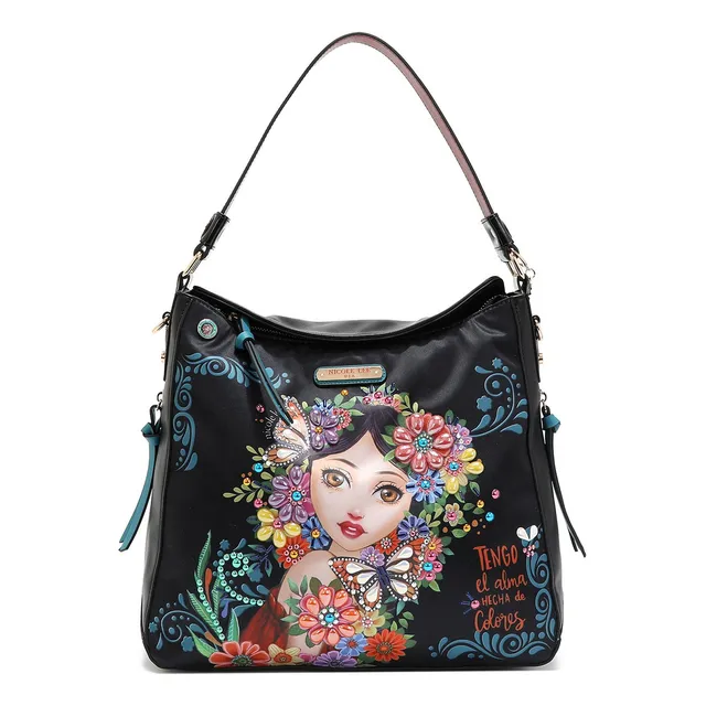 Bolsa Hobo Nicole Lee Alma De Colores Edición México Ss24 Acabado de los herrajes Níquel Correa de hombro Negro Diseño de la tela Lisa