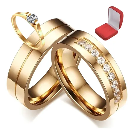Par De Alianças 6mm Titânio Banhado Ouro 18k Com Brilhante.