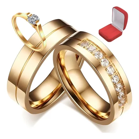 Par De Alianças 6mm Titânio Banhado Ouro 18k Com Brilhante.