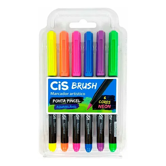 Caneta Brush Pen 6 Cores Neon Aquarelável Cis