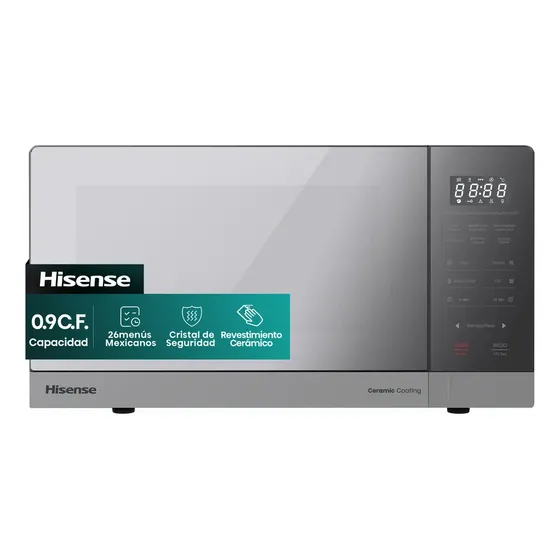 Hisense 0.9 C.F. Microondas, 26menús mexicanos preestablecidos, Cristal De Seguridad, Revestimiento Cerámico, ECO y Mute, 10 Niveles De Potencia,