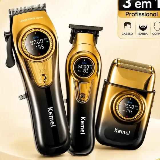 Kit Máquina Cortar Cabelo Profissional Kemei Sem Fio 3 em 1 Corte Acabamento Barba Shaver