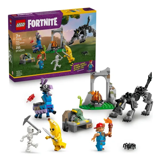 LEGO® Fortnite® Campamento de Bananín y Bujía 77075; juguete para niño 7+; Incluye minifiguras de Bananín, Bujía y un esqueleto