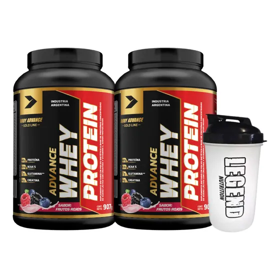 Suplemento En Polvo Body Advance Whey Protein 907gr Sabor Frutos Rojos Pack X2 + Vaso Legend Nutrition 600ml