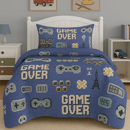 Kit Colcha Cobre Leito Infantil Menino Menina Solteiro 2 Pçs Cor Azul-aço Gamer