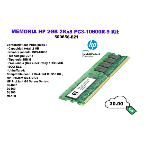 Memoria Hp 2gb 2rx8 Pc3-10600r-9 Kit 500656-b21