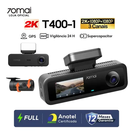 70mai Dash Cam Lite T400-1, 3 Canais 2k+1080p+1080p Câmera De Carro Inteligente, Uber/taxi Câmera Veicular Hdr Gps 24h Monitoramento De Estacionamento Com App Wifi 6 Visão Noturna Supercapacitores