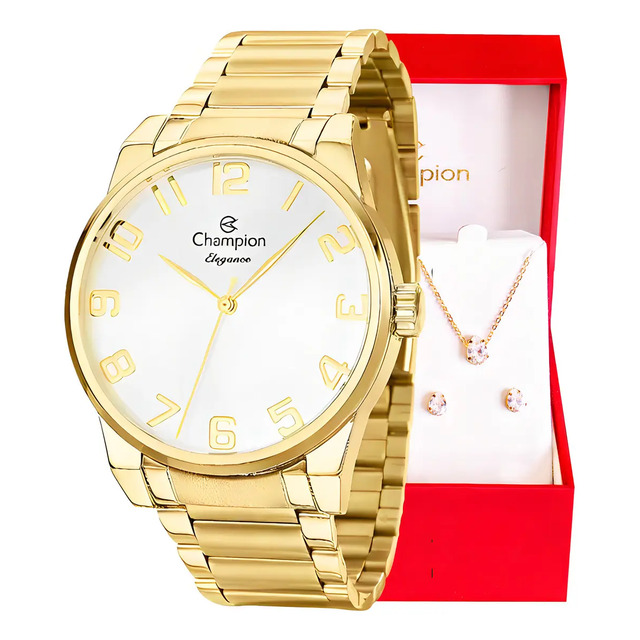 Kit Relógio Feminino Champion Dourado Analógico Cn27652w Pulseira Em Aço Inoxidável Prova ...