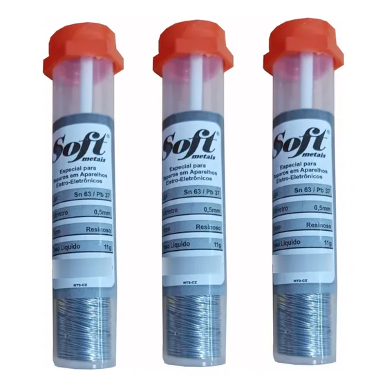 Kit 3 Tubos Solda Estanho Fio 0,5mm 63x37 Com Fluxo 11g Soft 127/220v